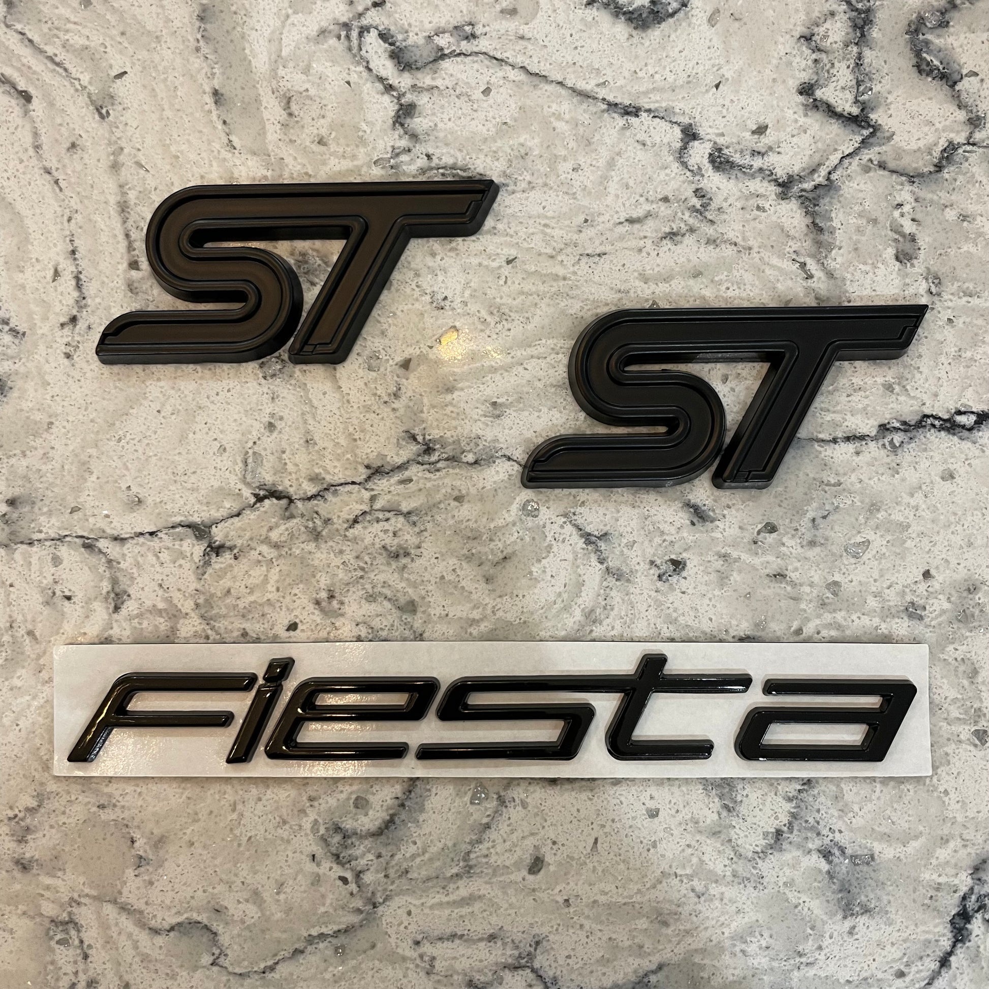 ST Badge set Black With Black Outline, front and rear with matching Fiesta badge - Retro Fast Fords