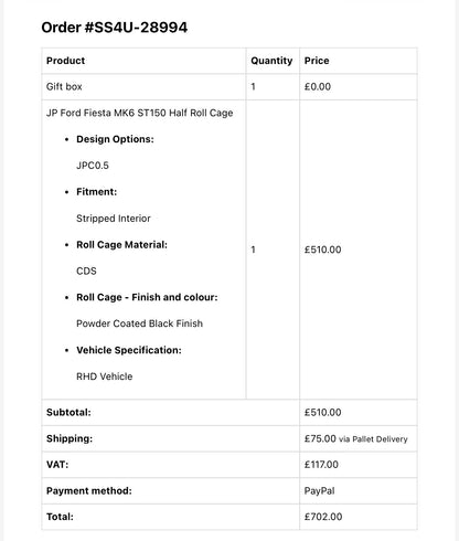 Black powder coated roll cage
