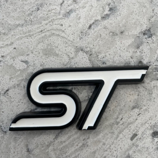 Ford ST Badge White/Black Outline, Stick On - Retro Fast Fords