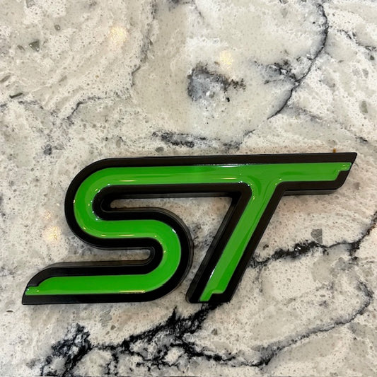 Ford ST Badge Bright Green/Black Outline, Stick On - Retro Fast Fords